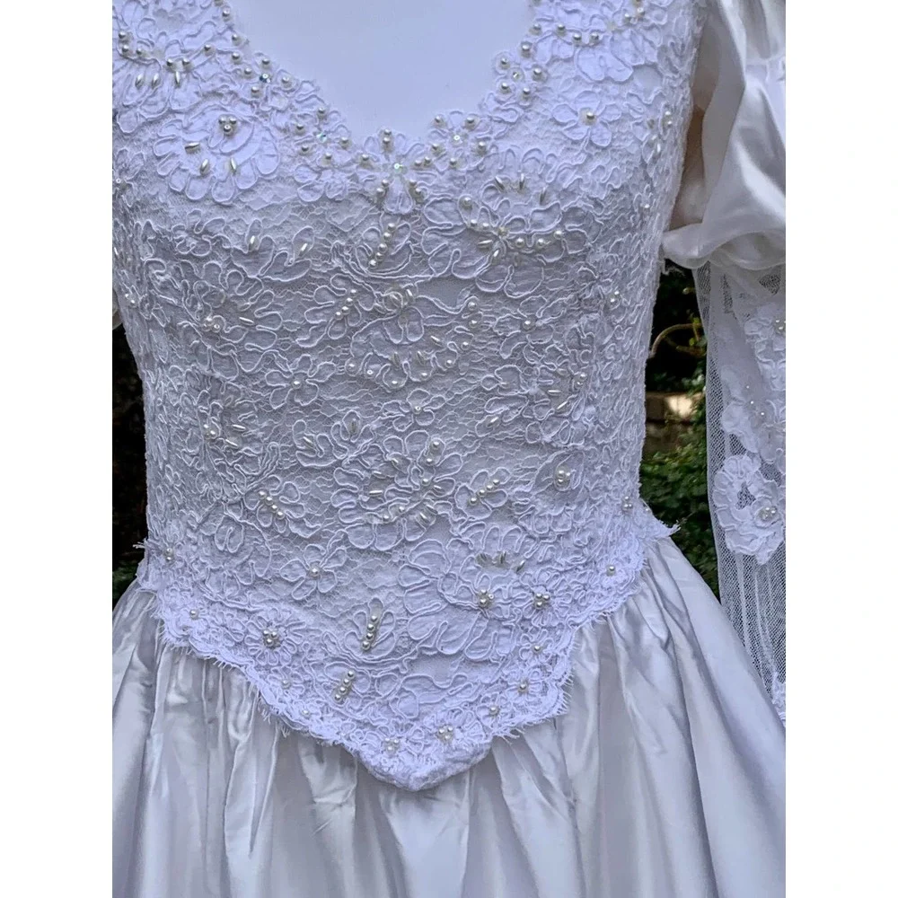 Vintage 80s Poof Sleeve Wedding Dress Victorian Edwardian Cottage Core SZ ~6-8P - Picture 11 of 14